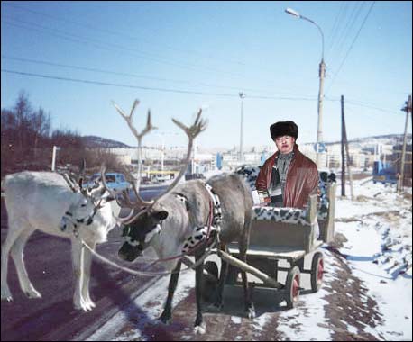 Махмуд Отар-Мухтаров перемещается на северном олене. - Махмуд Отар-Мухтаров. Путешествие на Крайний Север. Сентябрь 2005 года.